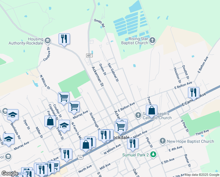 map of restaurants, bars, coffee shops, grocery stores, and more near 701 Green Street in Rockdale
