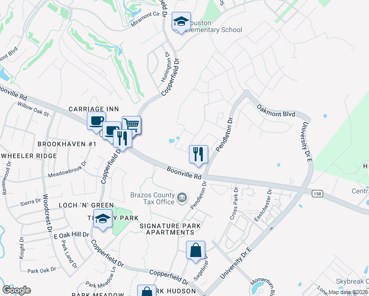 map of restaurants, bars, coffee shops, grocery stores, and more near 5001 Boonville Road in Bryan