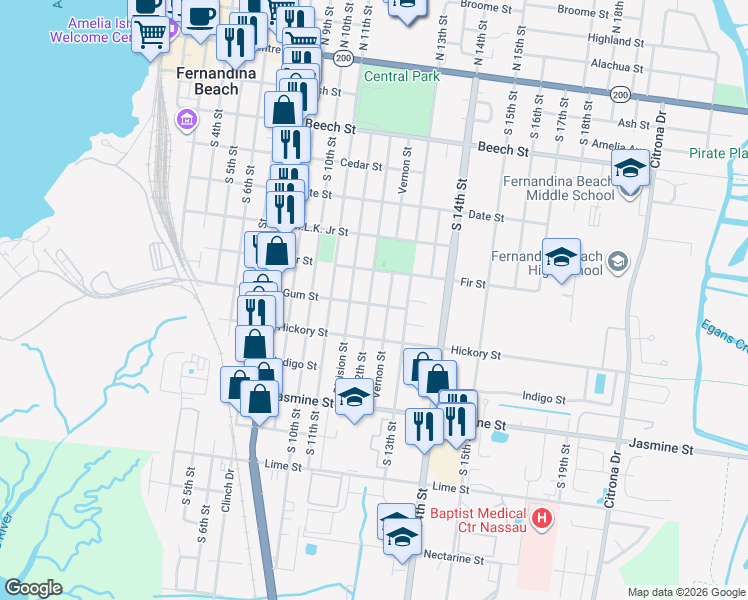 map of restaurants, bars, coffee shops, grocery stores, and more near 632 South 12th Street in Fernandina Beach