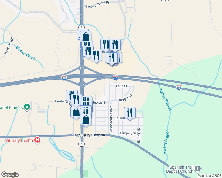 map of restaurants, bars, coffee shops, grocery stores, and more near 29956 Saint Barbara Street in Daphne