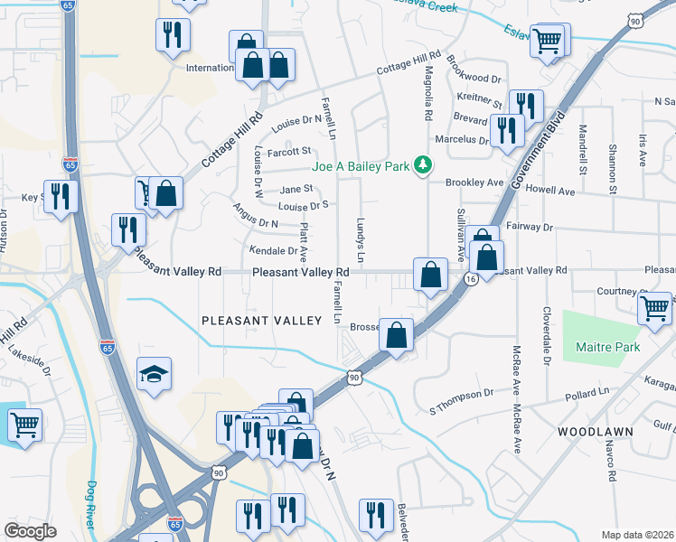 map of restaurants, bars, coffee shops, grocery stores, and more near 901 Farnell Lane in Mobile
