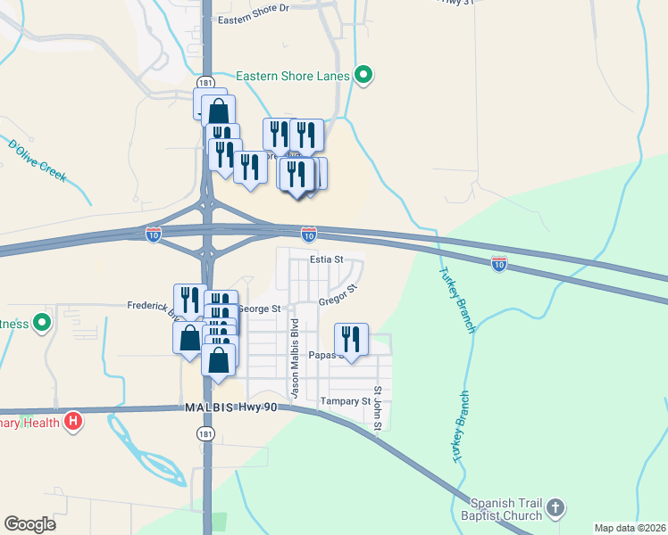 map of restaurants, bars, coffee shops, grocery stores, and more near 29950 Saint Simon Street in Daphne