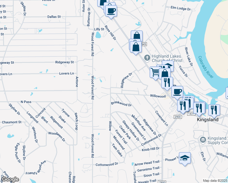 map of restaurants, bars, coffee shops, grocery stores, and more near 819 Willowood in Kingsland