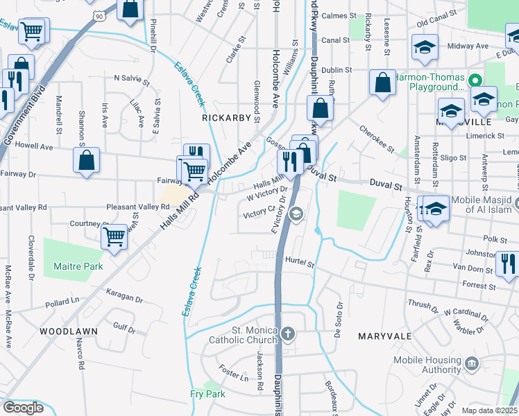 map of restaurants, bars, coffee shops, grocery stores, and more near 2060 Victory Court in Mobile