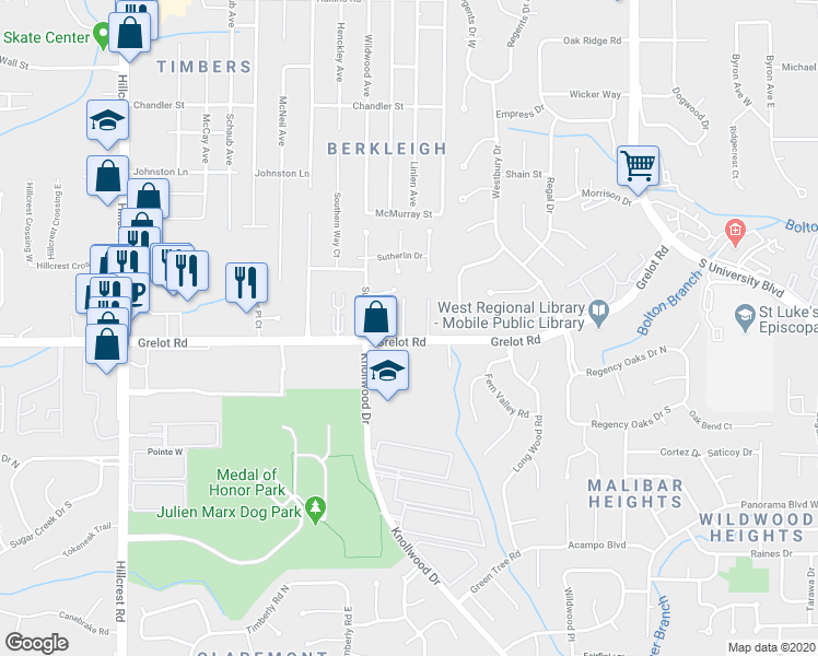 map of restaurants, bars, coffee shops, grocery stores, and more near 5910 Grelot Road in Mobile