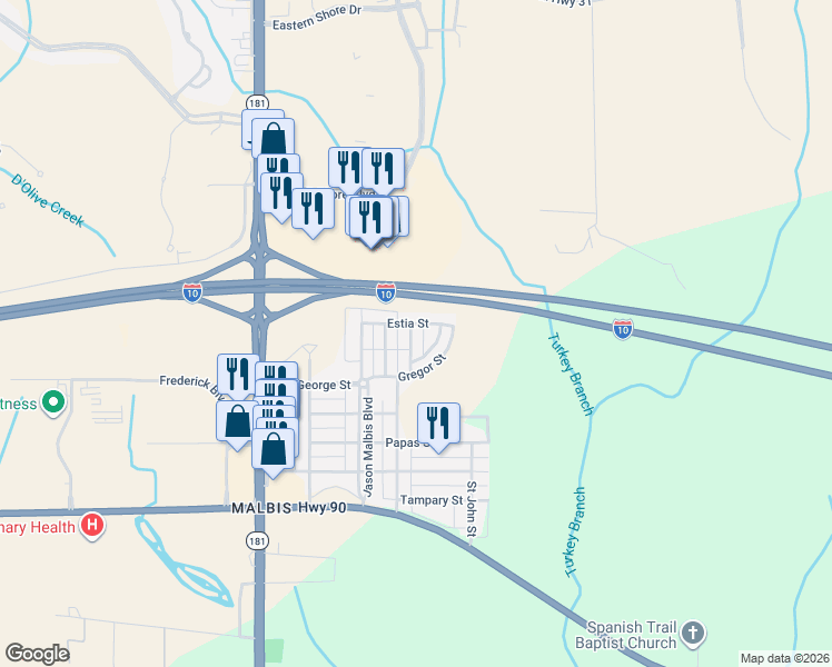 map of restaurants, bars, coffee shops, grocery stores, and more near 29950 Saint Simon Street in Daphne