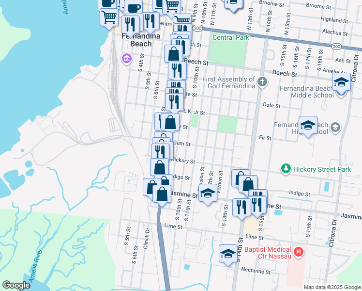 map of restaurants, bars, coffee shops, grocery stores, and more near 908 Gum Street in Fernandina Beach