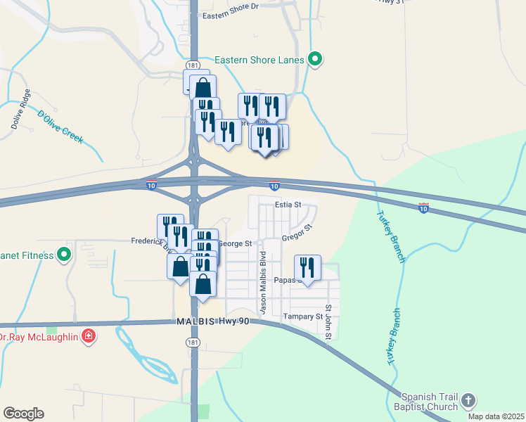 map of restaurants, bars, coffee shops, grocery stores, and more near 29951 Saint Helen Street in Daphne
