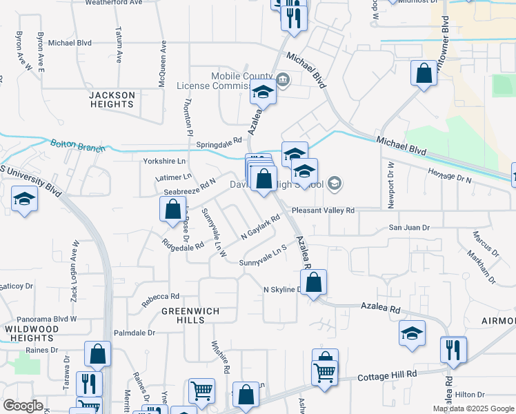 map of restaurants, bars, coffee shops, grocery stores, and more near 460 Seabreeze Road East in Mobile