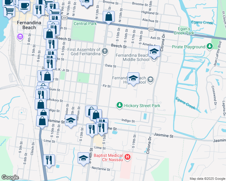 map of restaurants, bars, coffee shops, grocery stores, and more near 1500-1598 Fir St in Fernandina Beach
