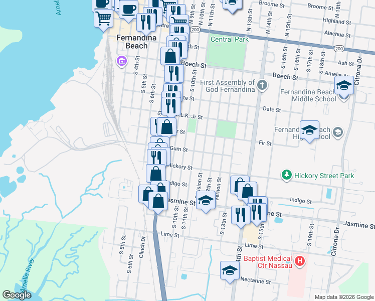 map of restaurants, bars, coffee shops, grocery stores, and more near 1008a Gum Street in Fernandina Beach