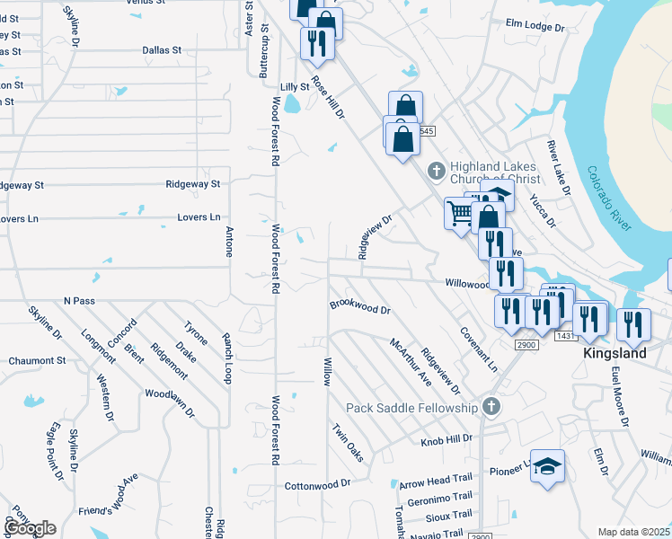 map of restaurants, bars, coffee shops, grocery stores, and more near 819 Willowood in Kingsland