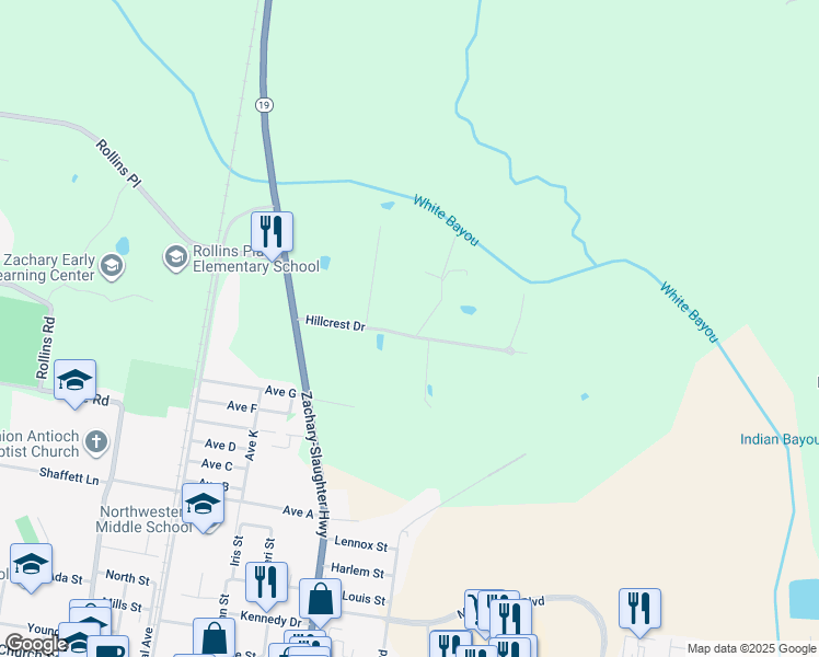 map of restaurants, bars, coffee shops, grocery stores, and more near 5245 Hillcrest Drive in Zachary