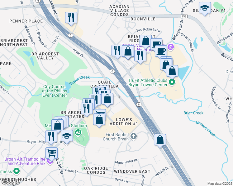 map of restaurants, bars, coffee shops, grocery stores, and more near Texas 6 Frontage Road in Bryan
