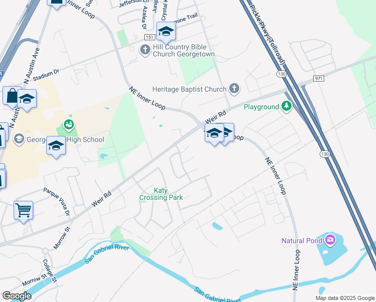 map of restaurants, bars, coffee shops, grocery stores, and more near 1018 Kajon Cove in Georgetown