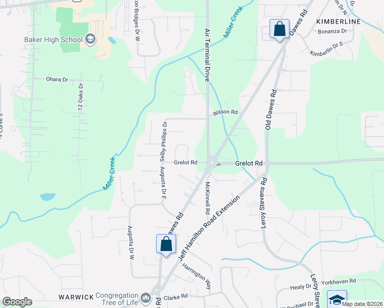 map of restaurants, bars, coffee shops, grocery stores, and more near Grelot Road in Mobile