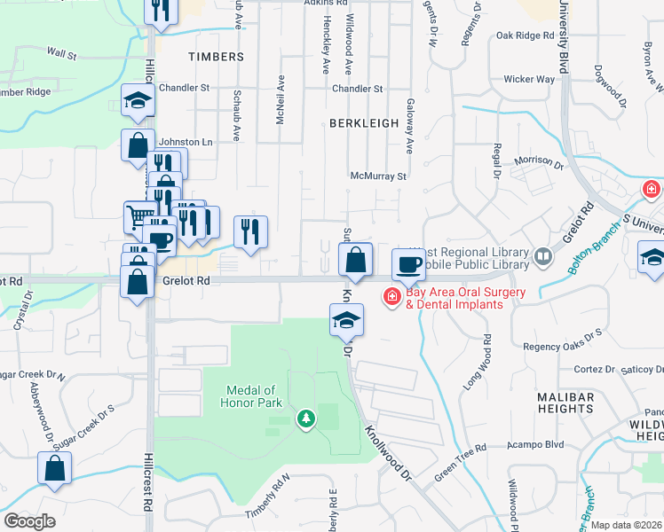 map of restaurants, bars, coffee shops, grocery stores, and more near 6040 Grelot Road in Mobile