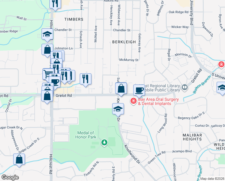 map of restaurants, bars, coffee shops, grocery stores, and more near 6040 Grelot Road in Mobile