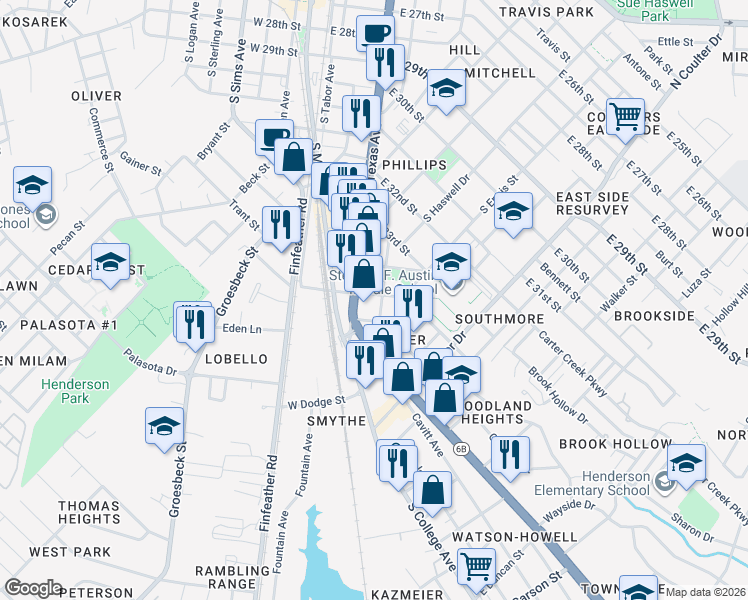 map of restaurants, bars, coffee shops, grocery stores, and more near 1101 Winter Street in Bryan
