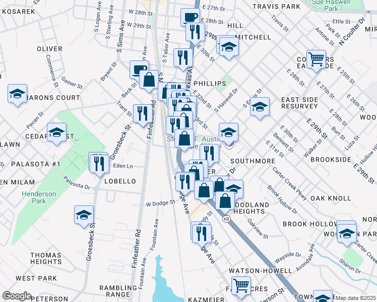 map of restaurants, bars, coffee shops, grocery stores, and more near 1101 Winter Street in Bryan