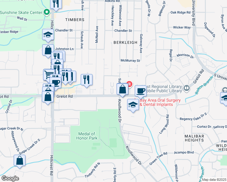 map of restaurants, bars, coffee shops, grocery stores, and more near 6040 Grelot Road in Mobile
