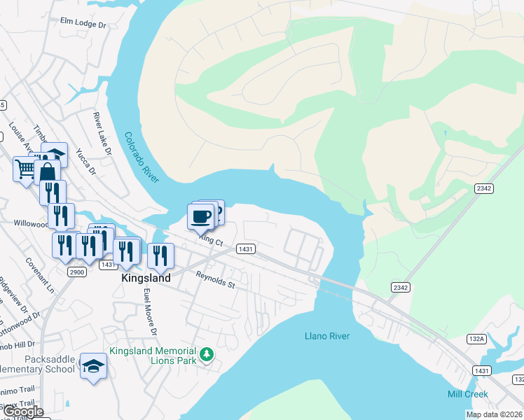 map of restaurants, bars, coffee shops, grocery stores, and more near 100 Mae Loop in Kingsland