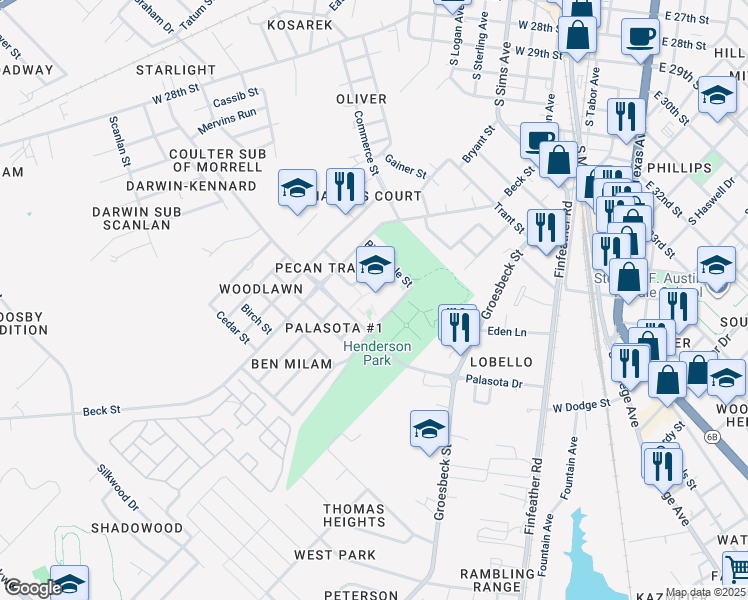 map of restaurants, bars, coffee shops, grocery stores, and more near 1201 Ridgedale Street in Bryan