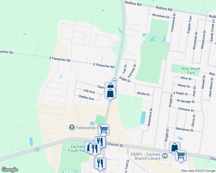 map of restaurants, bars, coffee shops, grocery stores, and more near 4610 Harding Boulevard in Zachary