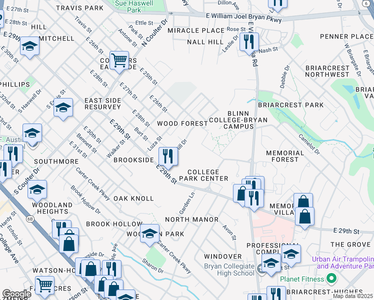 map of restaurants, bars, coffee shops, grocery stores, and more near 1506 Hollow Hill Drive in Bryan
