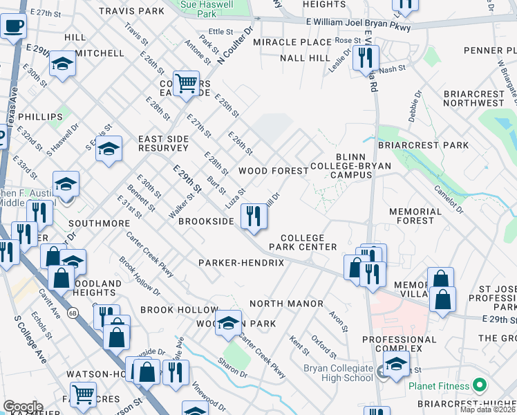 map of restaurants, bars, coffee shops, grocery stores, and more near 1530 Hollow Hill Drive in Bryan