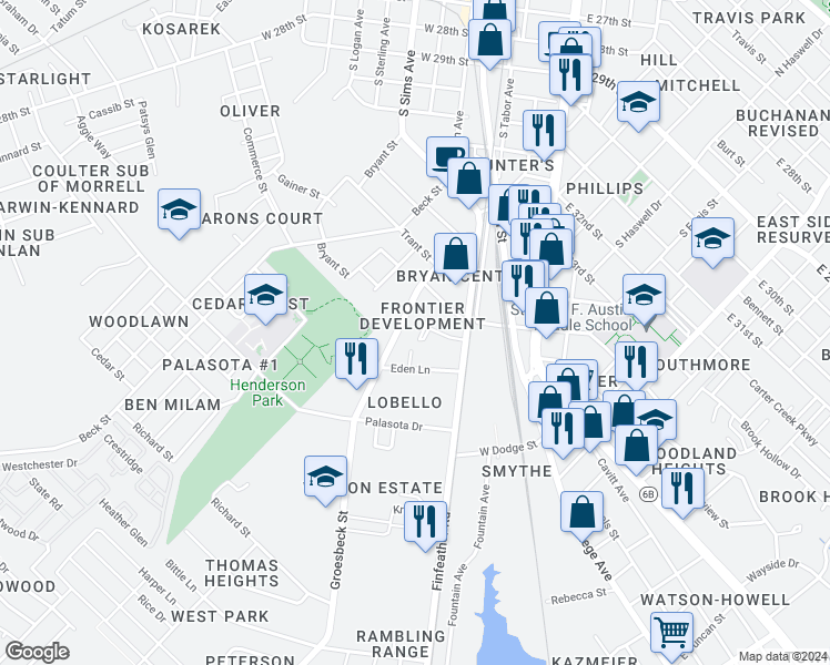 map of restaurants, bars, coffee shops, grocery stores, and more near 317 Frontier Drive in Bryan