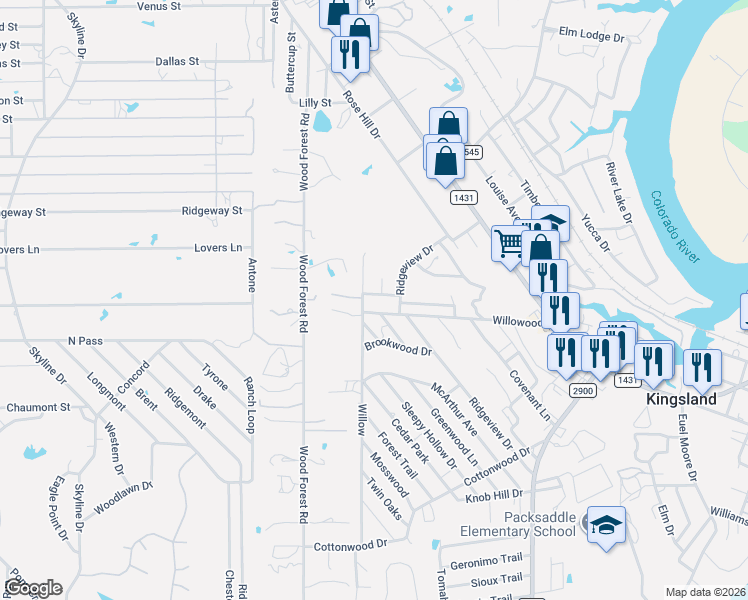 map of restaurants, bars, coffee shops, grocery stores, and more near 819 Willowood in Kingsland