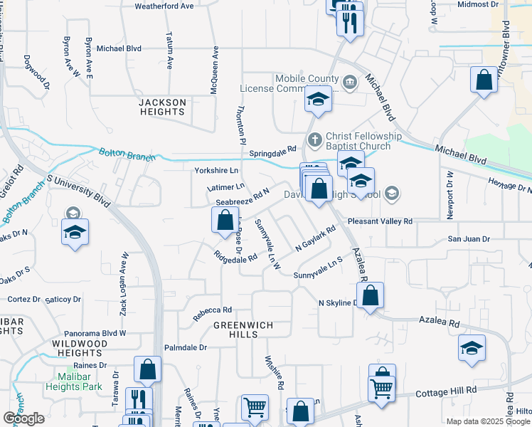 map of restaurants, bars, coffee shops, grocery stores, and more near 4051 Cresthaven Road in Mobile