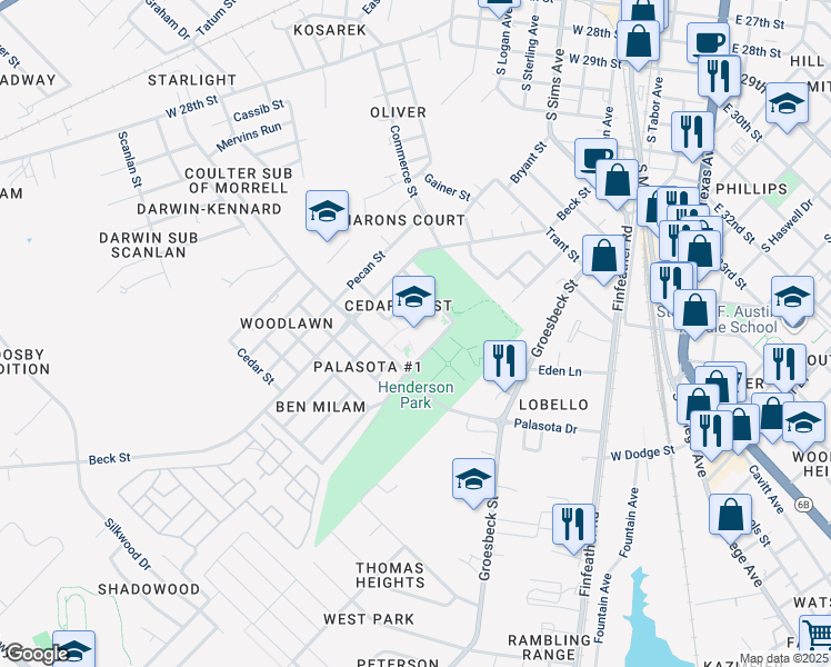 map of restaurants, bars, coffee shops, grocery stores, and more near 1201 Ridgedale Street in Bryan
