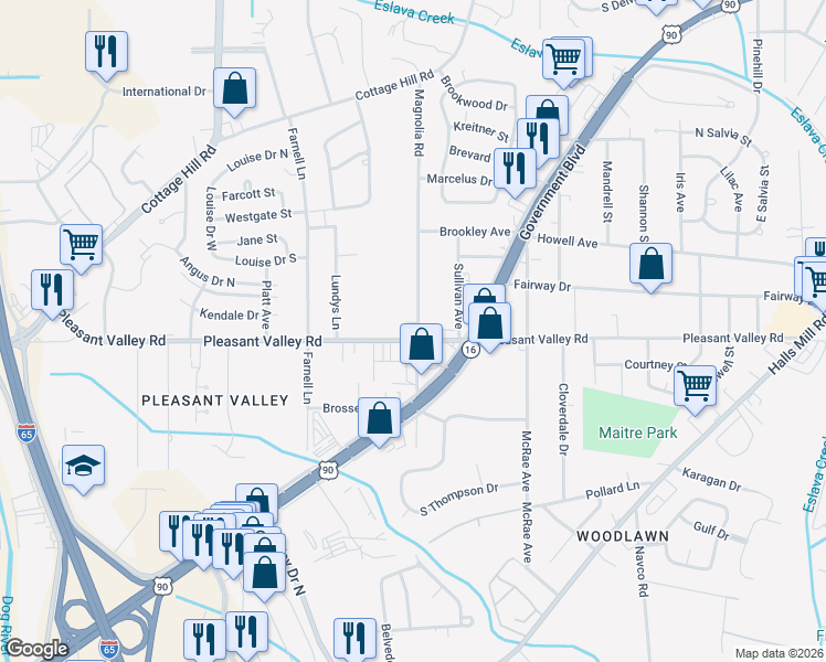 map of restaurants, bars, coffee shops, grocery stores, and more near 860 Magnolia Road in Mobile