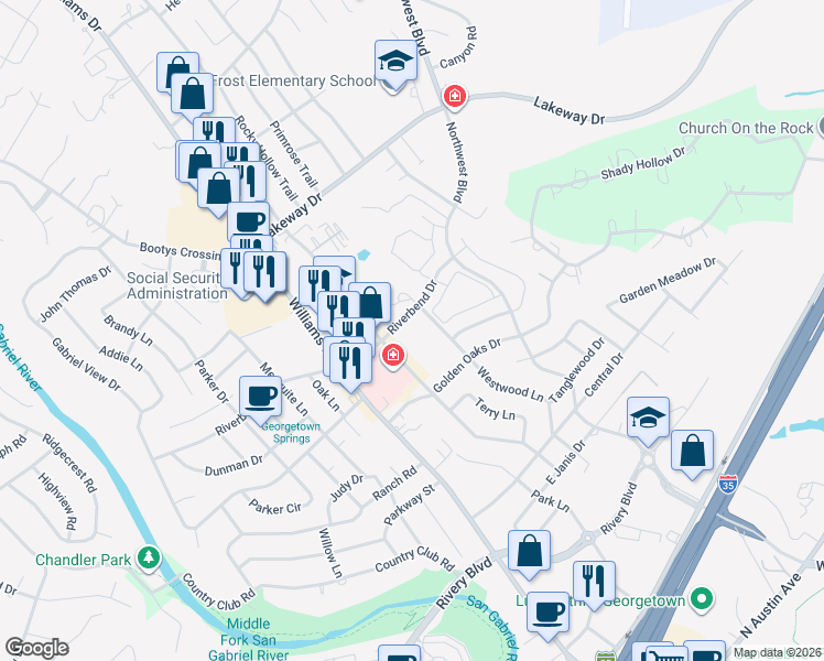 map of restaurants, bars, coffee shops, grocery stores, and more near 2501 Williams Drive in Georgetown