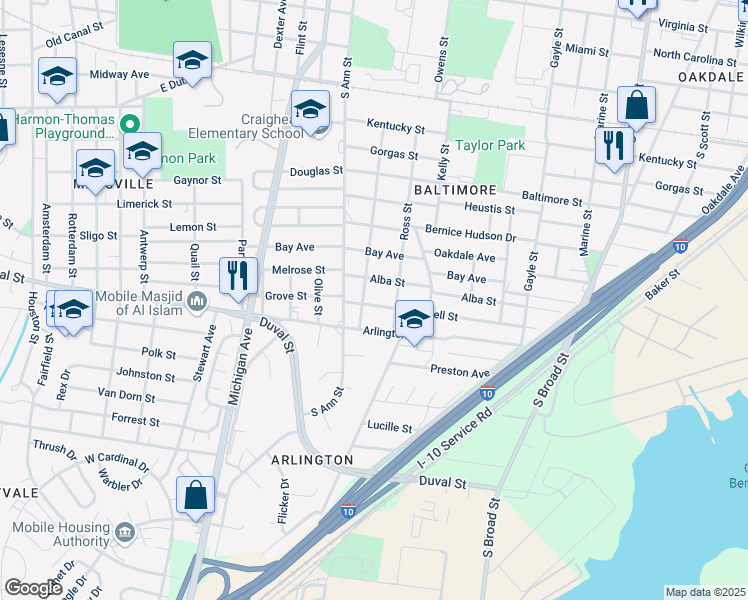 map of restaurants, bars, coffee shops, grocery stores, and more near 1210 Cottrell Street in Mobile