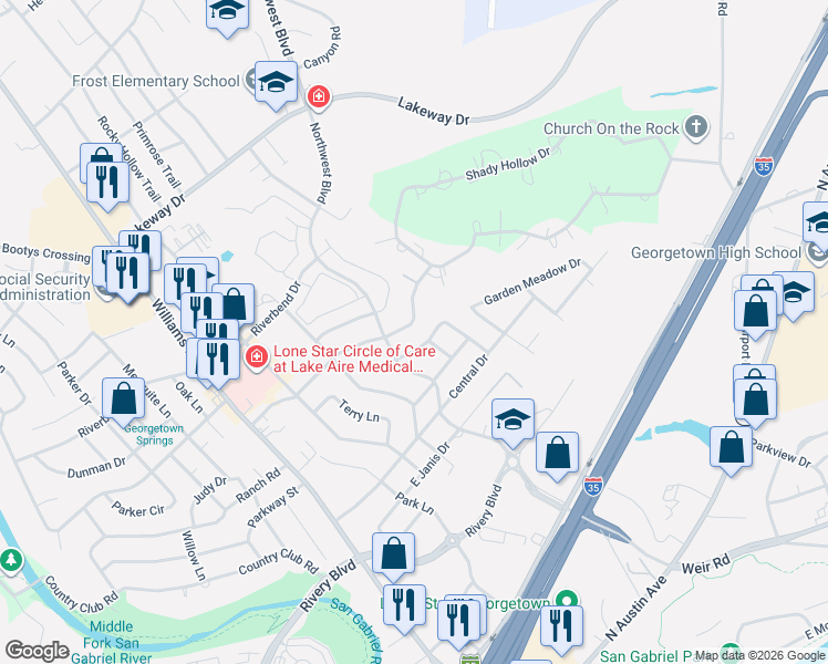 map of restaurants, bars, coffee shops, grocery stores, and more near 1906 Silverleaf Street in Georgetown