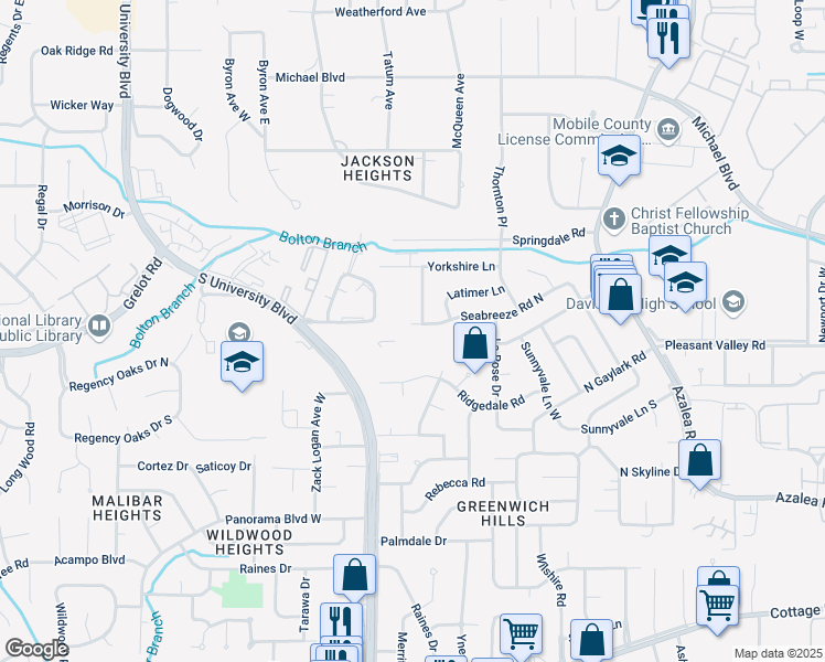 map of restaurants, bars, coffee shops, grocery stores, and more near 4153 Seabreeze Rd N in Mobile