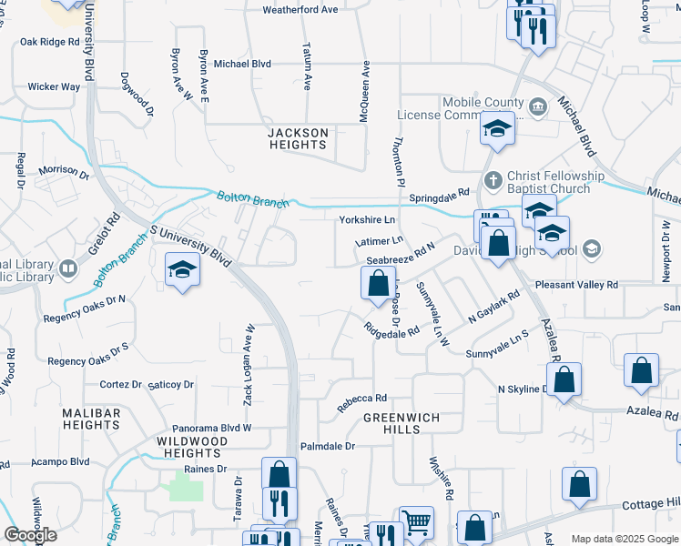 map of restaurants, bars, coffee shops, grocery stores, and more near 4153 Seabreeze Road North in Mobile