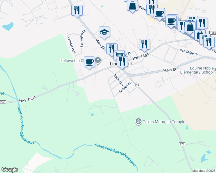 map of restaurants, bars, coffee shops, grocery stores, and more near 200 Stubblefield Lane in Liberty Hill