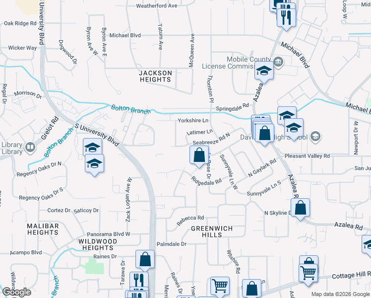 map of restaurants, bars, coffee shops, grocery stores, and more near 4119 N Seabreeze Rd in Mobile
