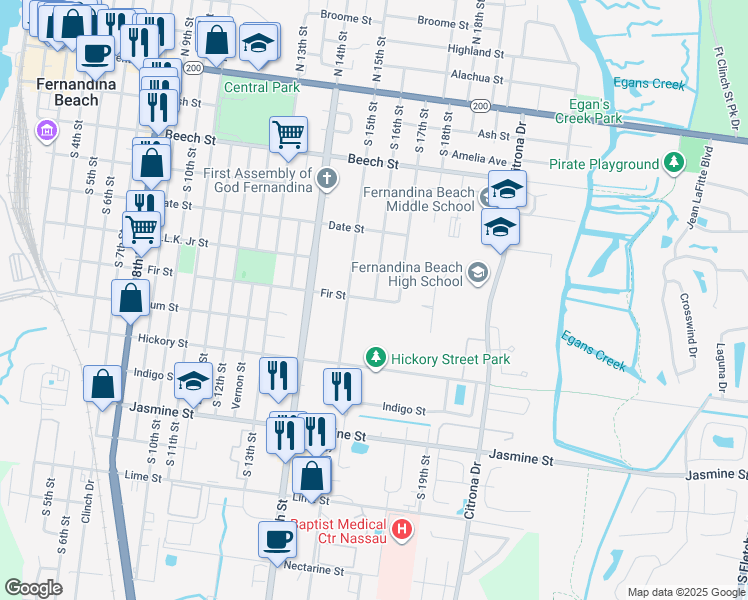map of restaurants, bars, coffee shops, grocery stores, and more near 1598 Fir Street in Fernandina Beach