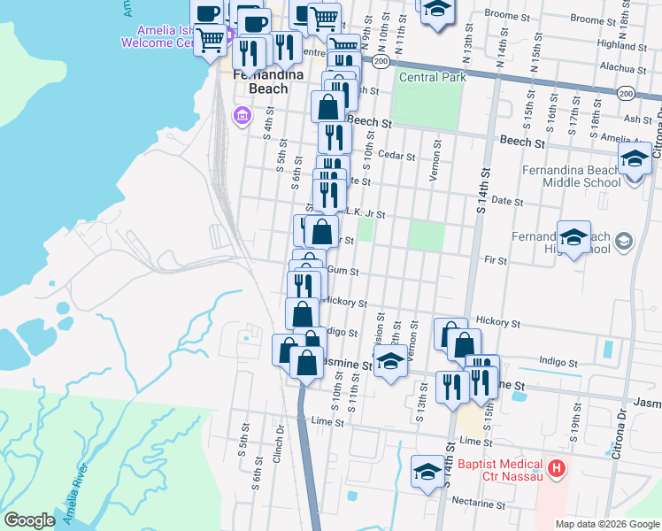 map of restaurants, bars, coffee shops, grocery stores, and more near 705 South 10th Street in Fernandina Beach