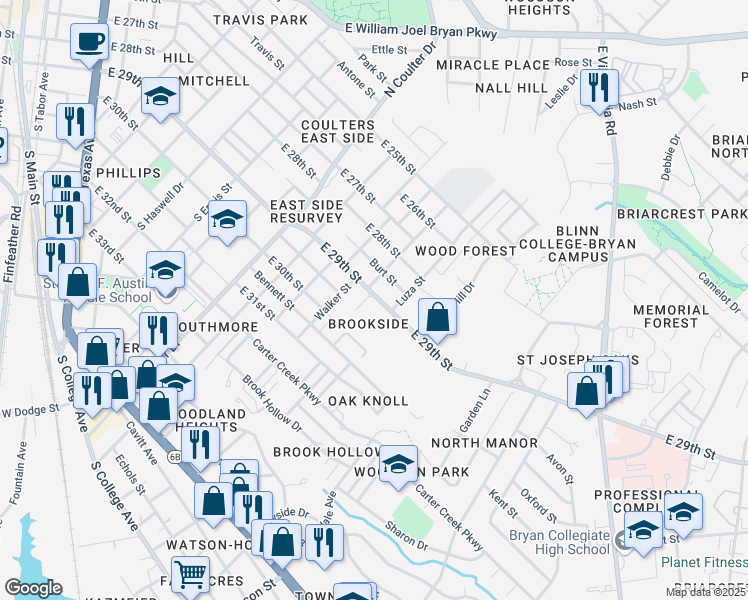 map of restaurants, bars, coffee shops, grocery stores, and more near 1525 South Brewer Street in Bryan