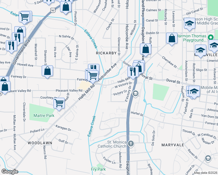 map of restaurants, bars, coffee shops, grocery stores, and more near 856 West Victory Drive in Mobile