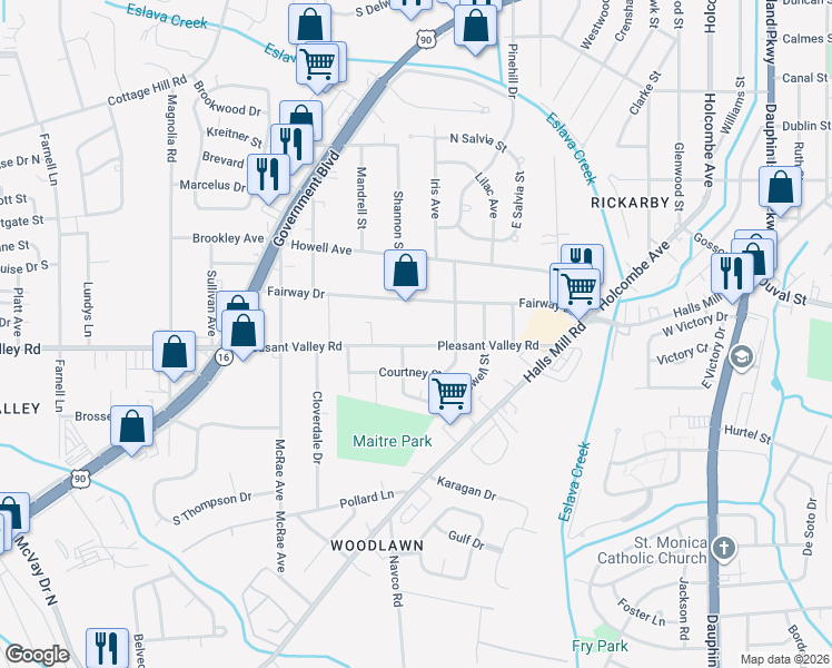 map of restaurants, bars, coffee shops, grocery stores, and more near 901 Fairmont Street in Mobile