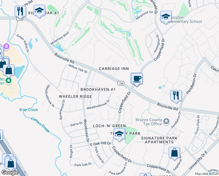 map of restaurants, bars, coffee shops, grocery stores, and more near 4429 Kirkwood Drive in Bryan