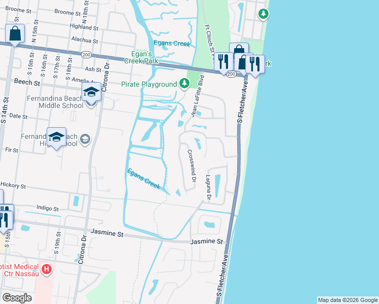 map of restaurants, bars, coffee shops, grocery stores, and more near 486 Crosswind Drive in Fernandina Beach