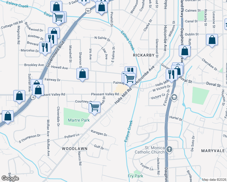 map of restaurants, bars, coffee shops, grocery stores, and more near 2260 Halls Mill Road in Mobile